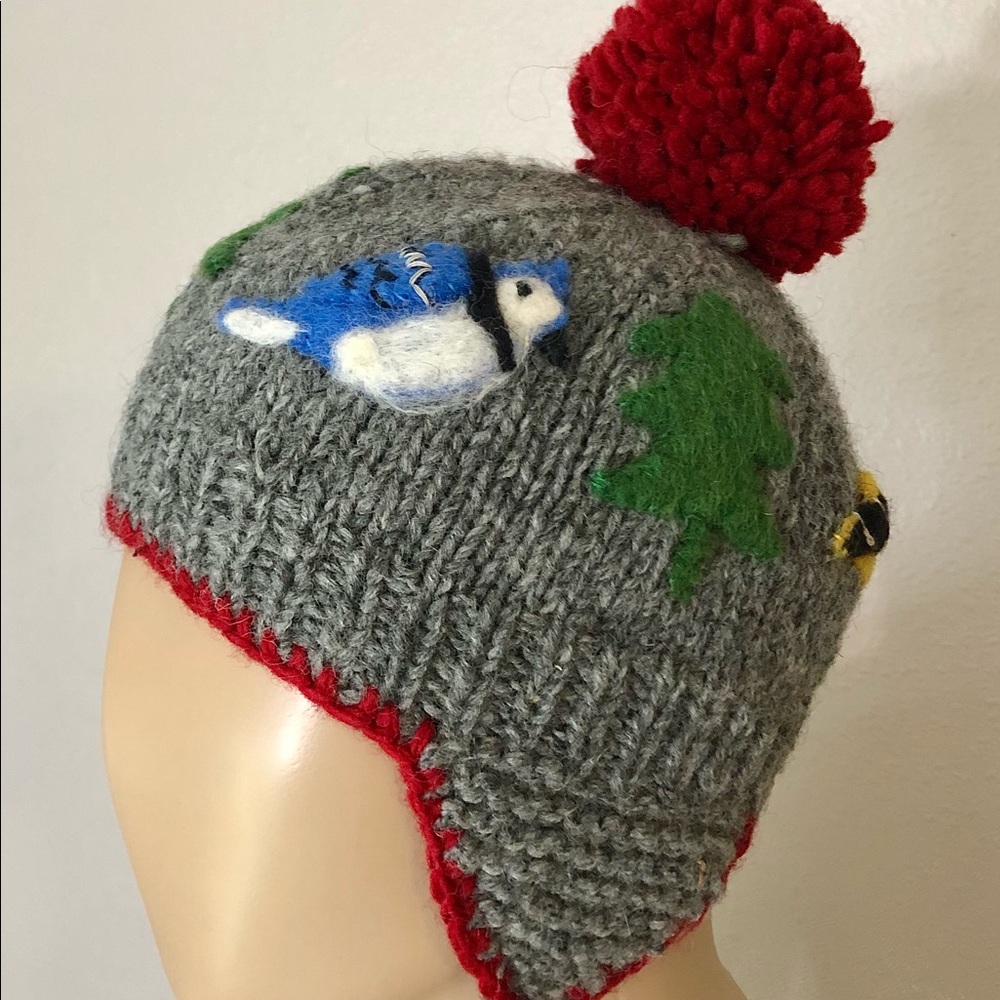 Handmade Wool Beanie Hat w/ Birds & Inside Lining